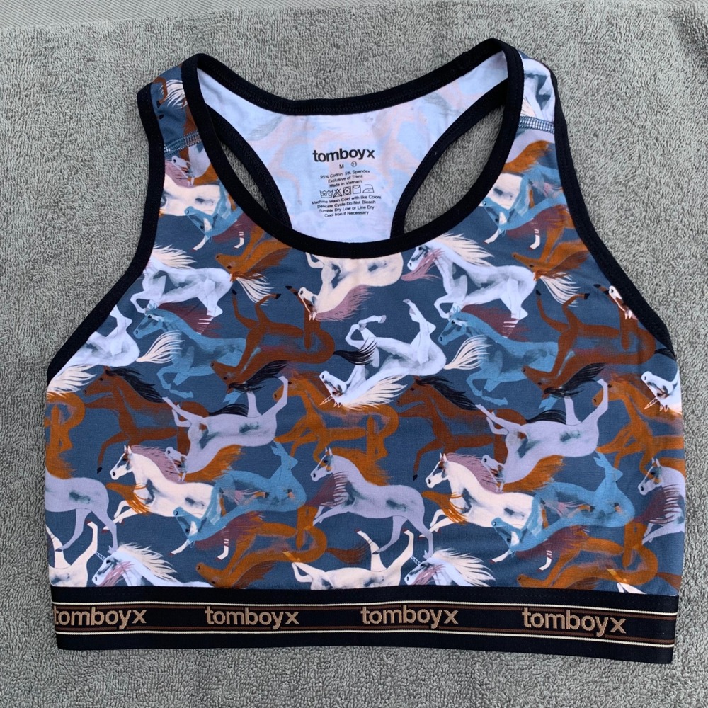 TomboyX Racerback Bralette Medium Blue Unicorn Pegasus Print Cotton Spandex
